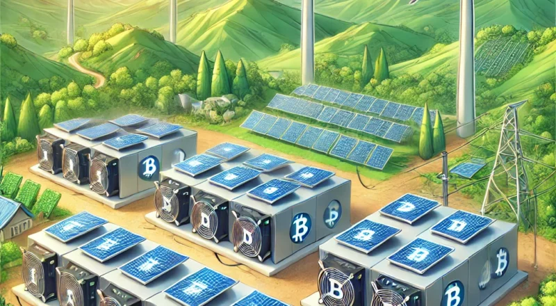 A detailed illustration showing eco-friendly cryptocurrency mining. The image includes a modern mining farm powered by solar panels and wind turbines,