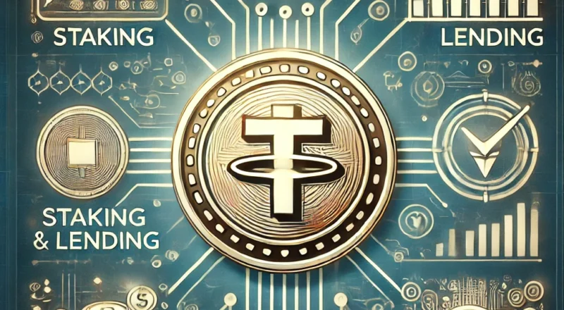 A digital illustration showcasing ways to earn with USDT (Tether) cryptocurrency. The image features a symbolic USDT coin surrounded by icons represen