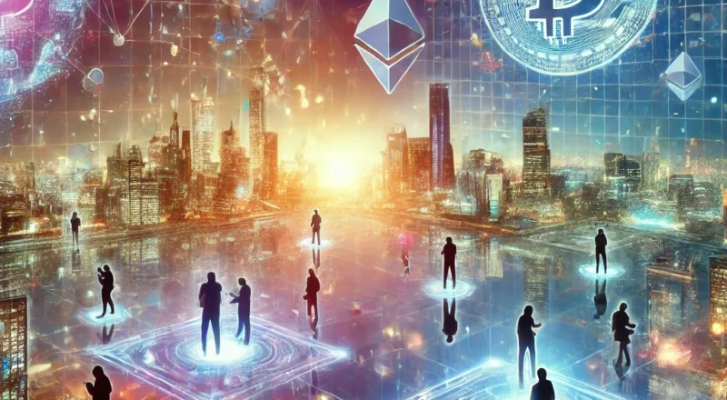 A futuristic digital world representing the metaverse, showing interconnected virtual spaces with people interacting through avatars. The image includ