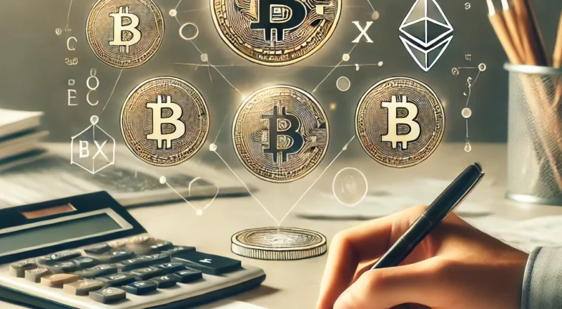 A professional and clear illustration of cryptocurrency taxation. The image shows symbols of digital currencies like Bitcoin, Ethereum, and other popu