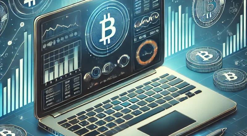 A professional and modern digital illustration for an article about Bitmart, a cryptocurrency exchange. The image includes a sleek laptop screen displ