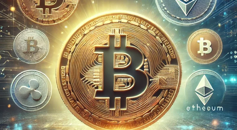 A visually striking image that contrasts Bitcoin and various popular altcoins in a digital, futuristic setting. Bitcoin is represented as a large, gol