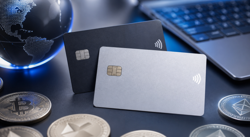 Generic unbranded contactless crypto cards with global payment cues.