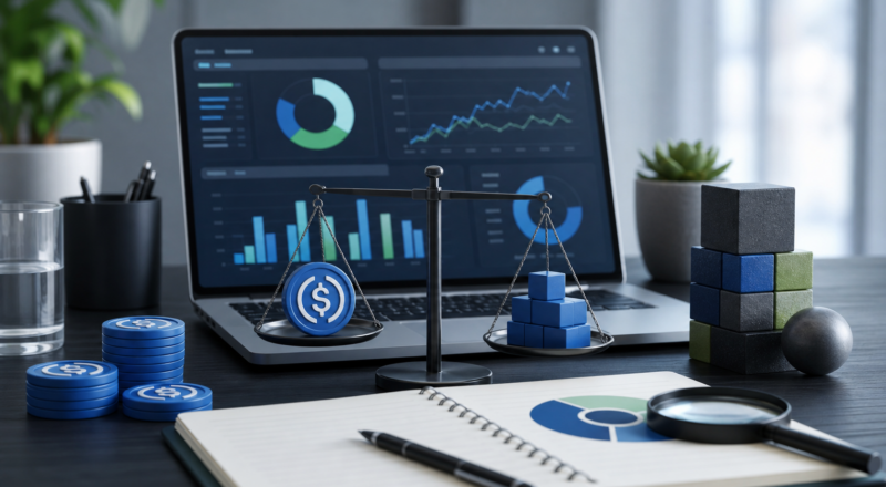 Editorial image of a stablecoin loan comparison with collateral blocks and abstract finance charts.