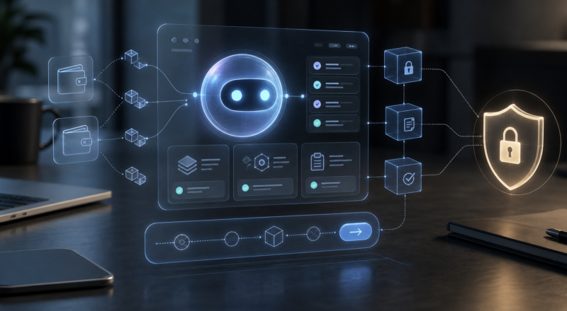 Editorial hero image of an AI agent dashboard preparing crypto actions behind a human approval and security checkpoint.