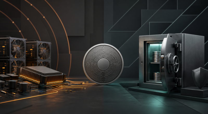 Editorial illustration contrasting proof-of-work mining hardware with a secure savings vault for XMR yield offers.