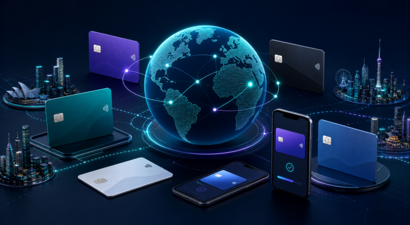 Unbranded physical and virtual payment cards arranged around a glowing global network.