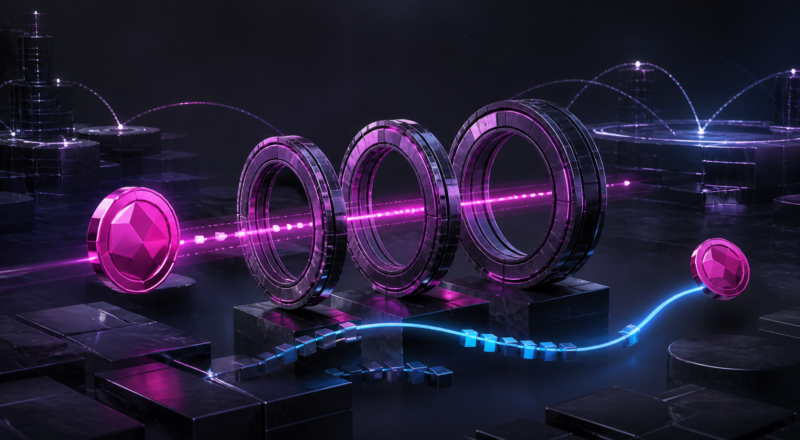 Faceted magenta token passing through fixed-term rings beside a flexible path.
