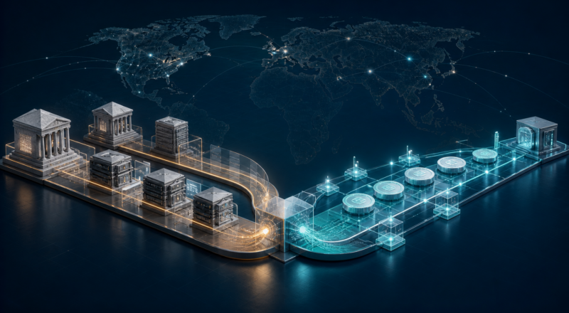 Editorial illustration comparing bank rails and stablecoin networks for cross-border payments.