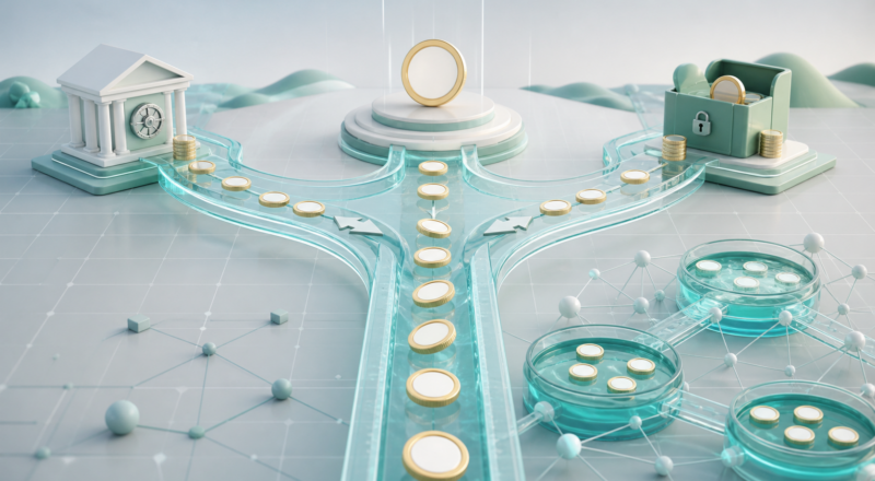 Neutral stable-value tokens branching into savings, lending, and decentralized liquidity channels.