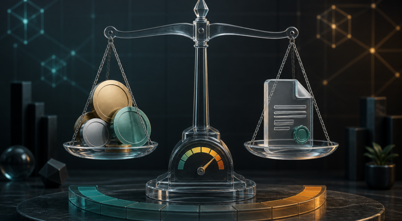 Editorial illustration of digital assets supporting a secured loan with a risk gauge.