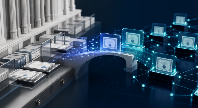 Editorial illustration of traditional securities infrastructure connecting to an onchain settlement network.